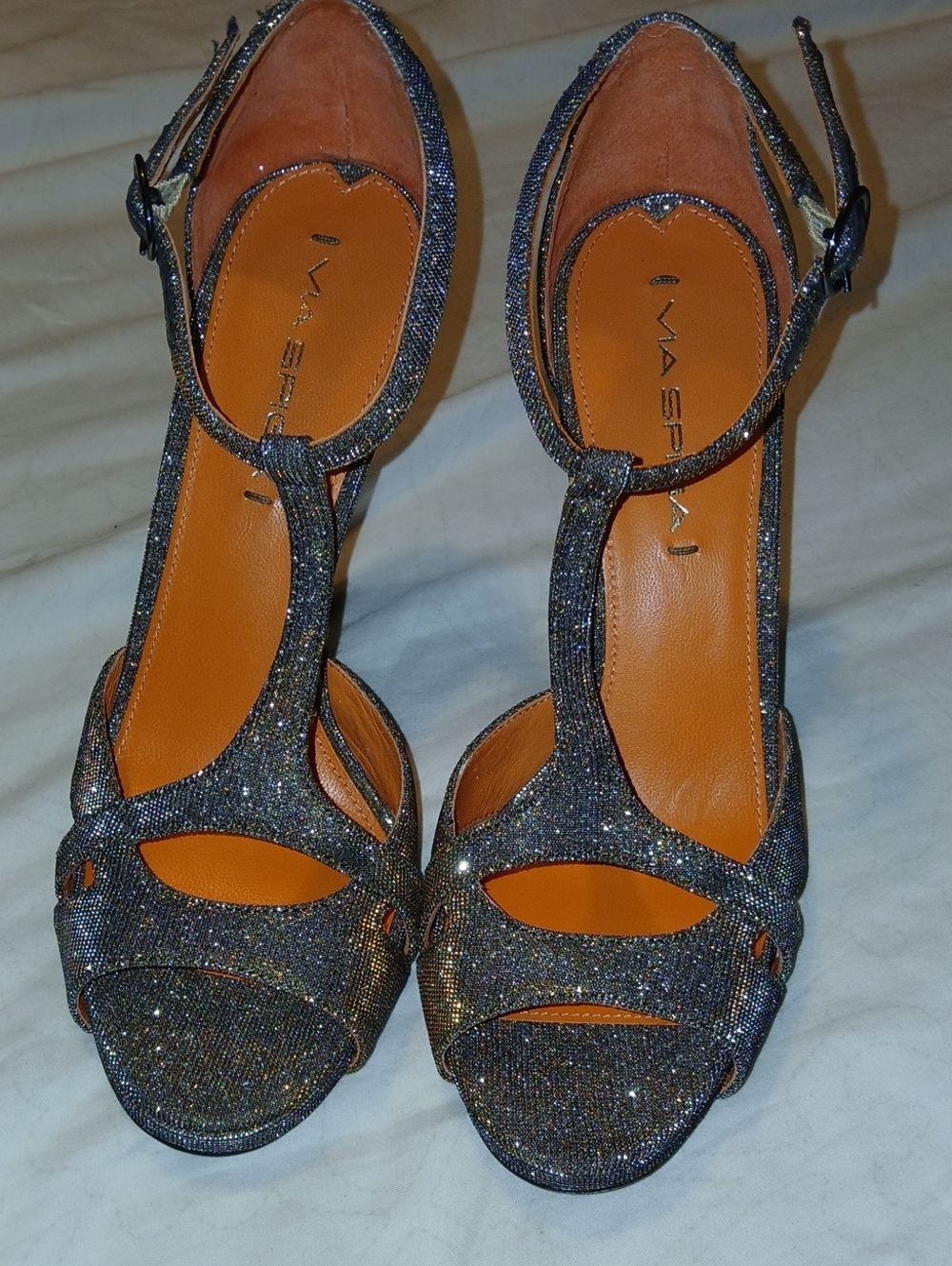Via Spiga Sparkle T-Strap Heels in Gunmetal Glitter